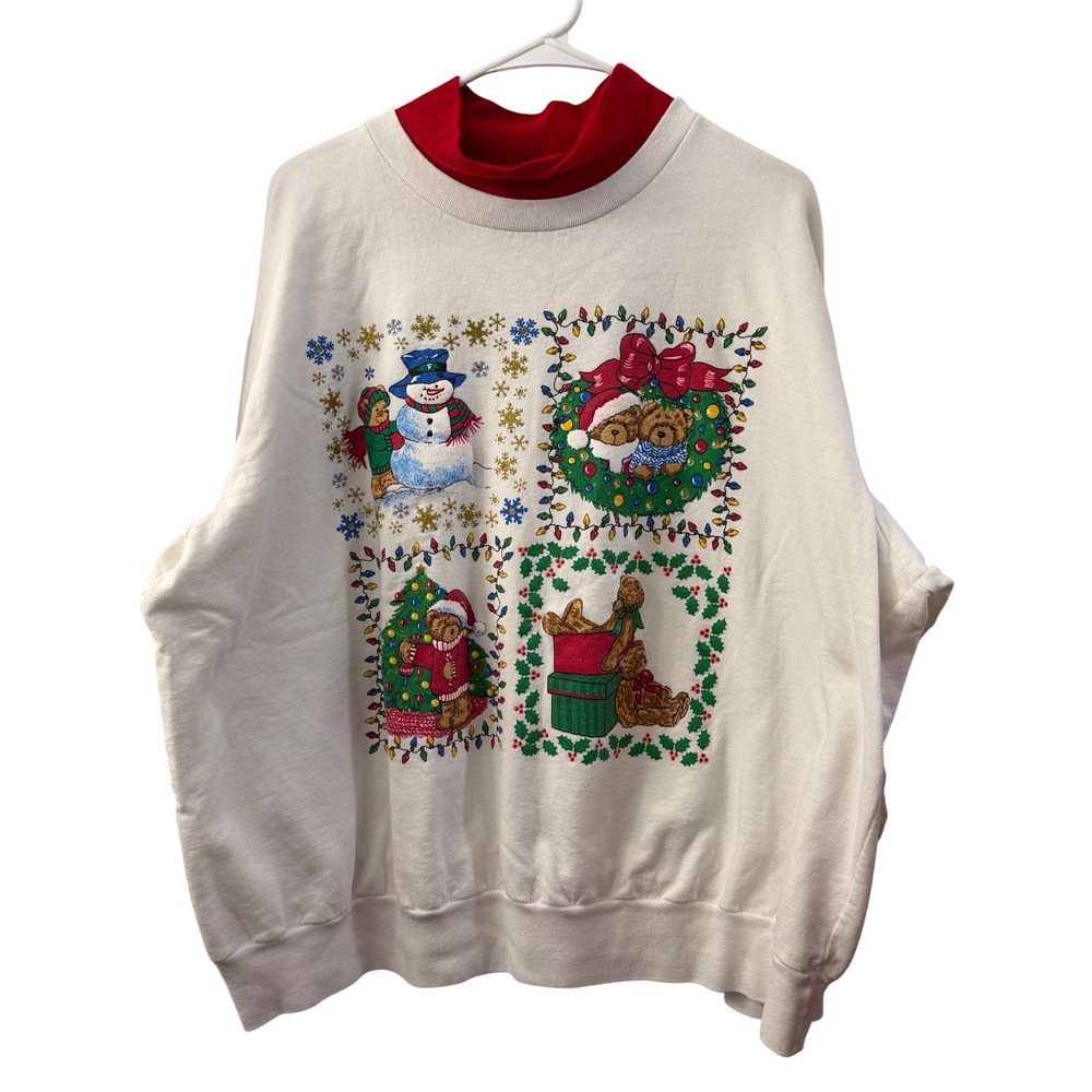 NutCracker Plus Size Vintage Christmas Teddy Bear Mock Neck Sweatshirt White 3X